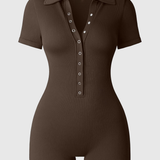 Ribbed Polo Collar Half Snap Front Short Sleeve Bodycon Romper