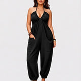 Halter Backless Ruched Pocket Jogger Jumpsuit