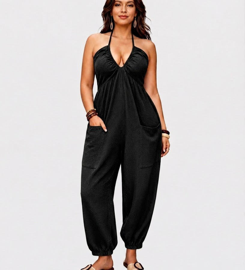 Halter Backless Ruched Pocket Jogger Jumpsuit