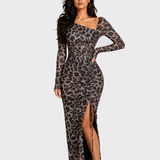 Long Sleeve Leopard Print Maxi Dress Side Ruched Slit Bodycon Dress