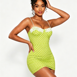 Polka Dot Lace Trim Thin Strap Bodycon Mini Dress