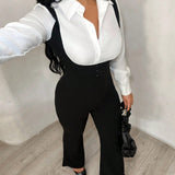 High Waist Button Detail Suspender Flare Jumpsuit