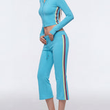 Two Piece Activewear Set Stripe Zip Up Hooded Crop Top with Capri Flare Pants