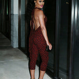 Leopard Print Halter Neck Open Back Capri Jumpsuit