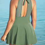 Large Size Halter Neck Mesh Panel Tummy Control Swimsuit with Side Bow