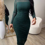 Elegant Mesh Paneled Ruched Bodycon Midi Dress with Mock Neck