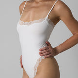Spaghetti Strap Triangle Shapewear Bodysuit with Lace Trim