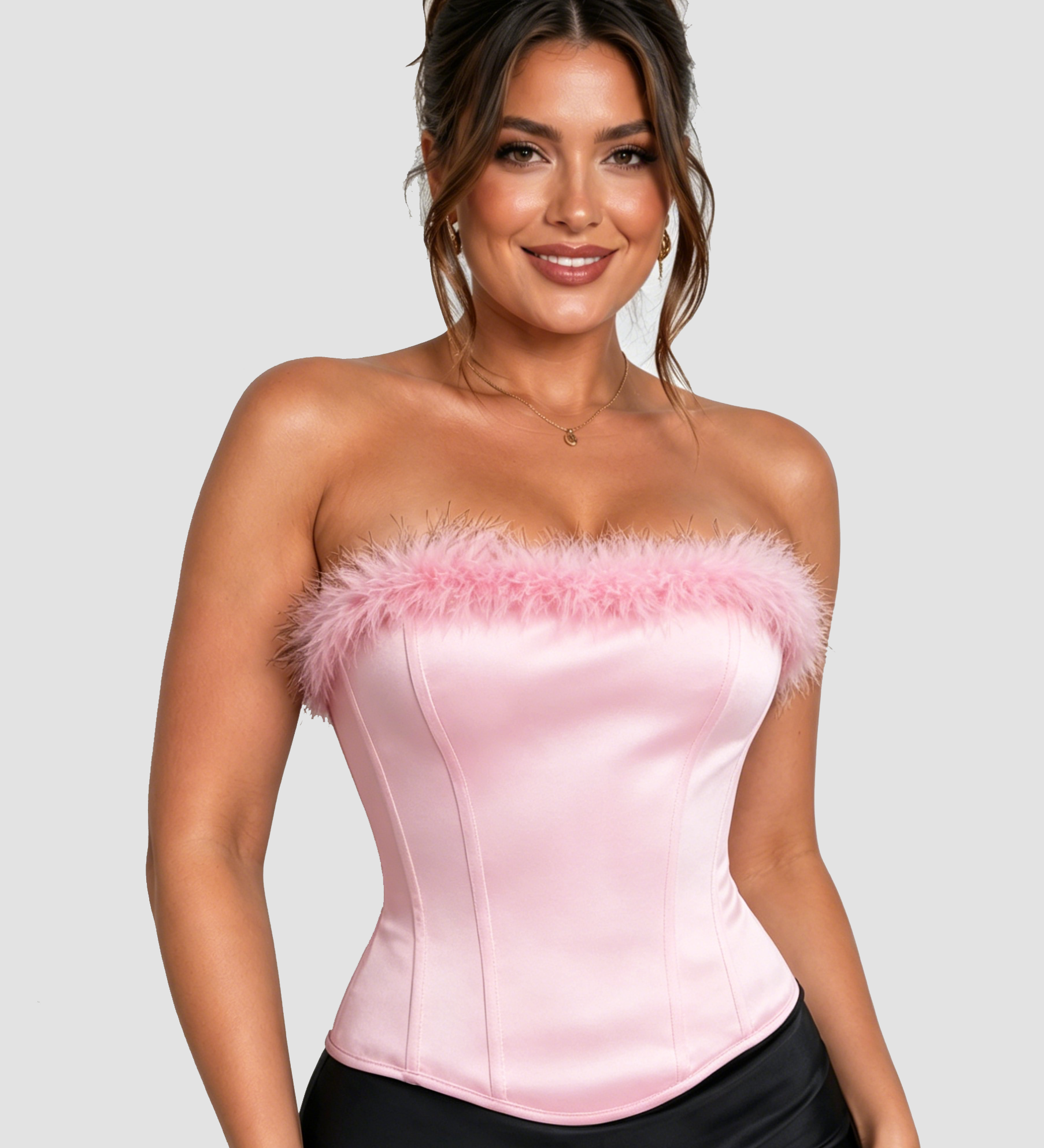 Black Velvet Feather Trim Strapless Corset Top with Lace Up Back