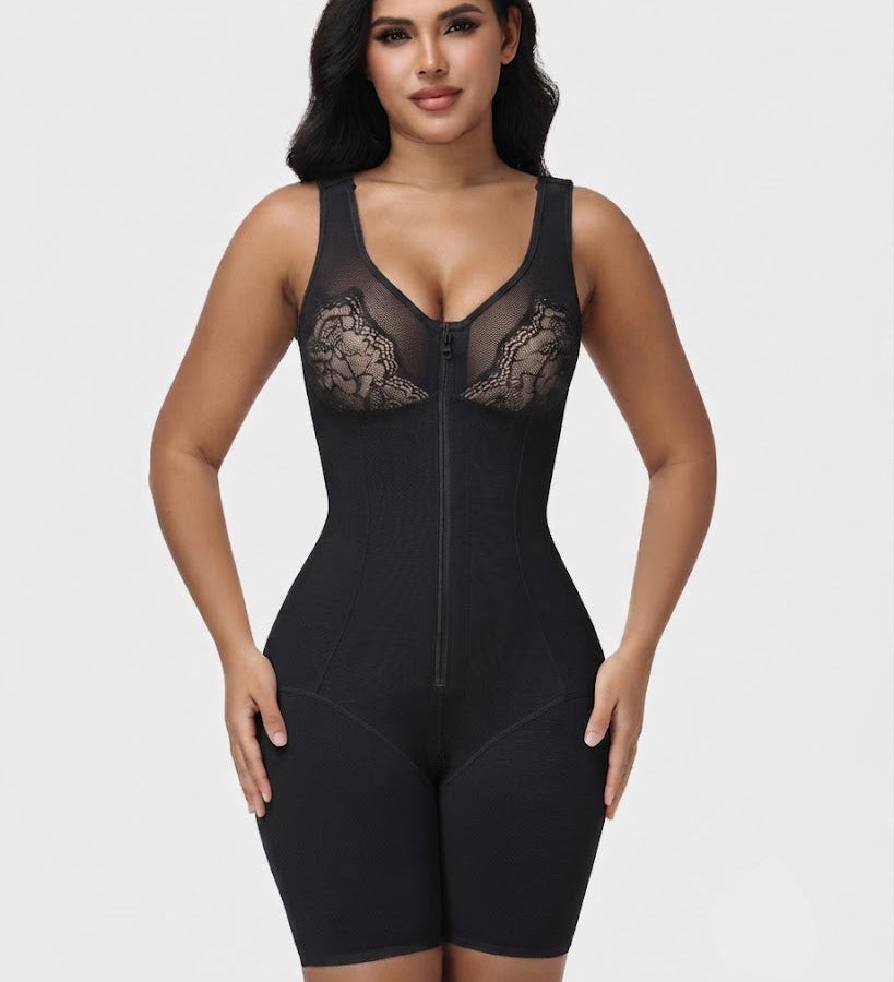 V Neck Lace Mesh Panel  Mid Thigh Tummy Control Bodysuit Zipper Shapewear