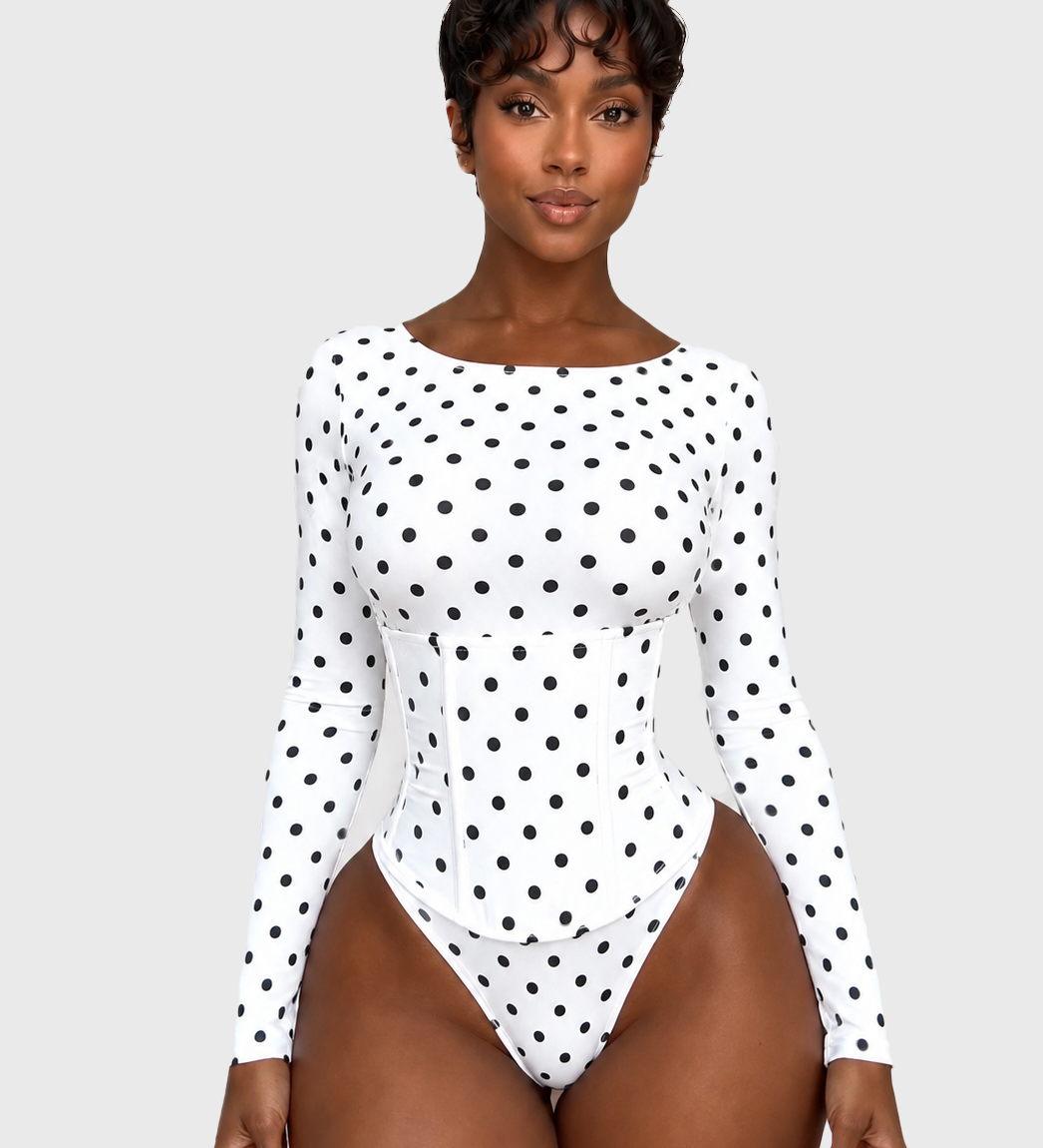 Hourglass Long Sleeve Polka Dot Thong Bodysuit with Waist Trainer 2 Piece Set