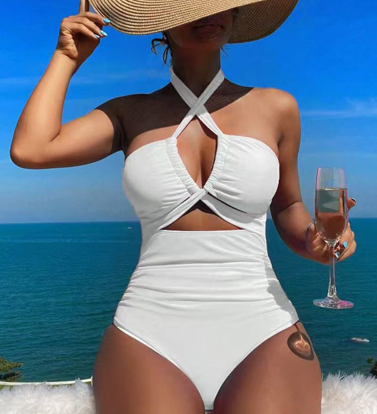 Cross Halter Ruched Front Cutout Backless One Piece Swimsuit