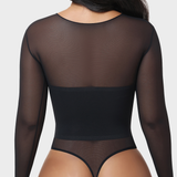 Sheer Mesh Long Sleeve Tummy Control Thong Shaping Bodysuit