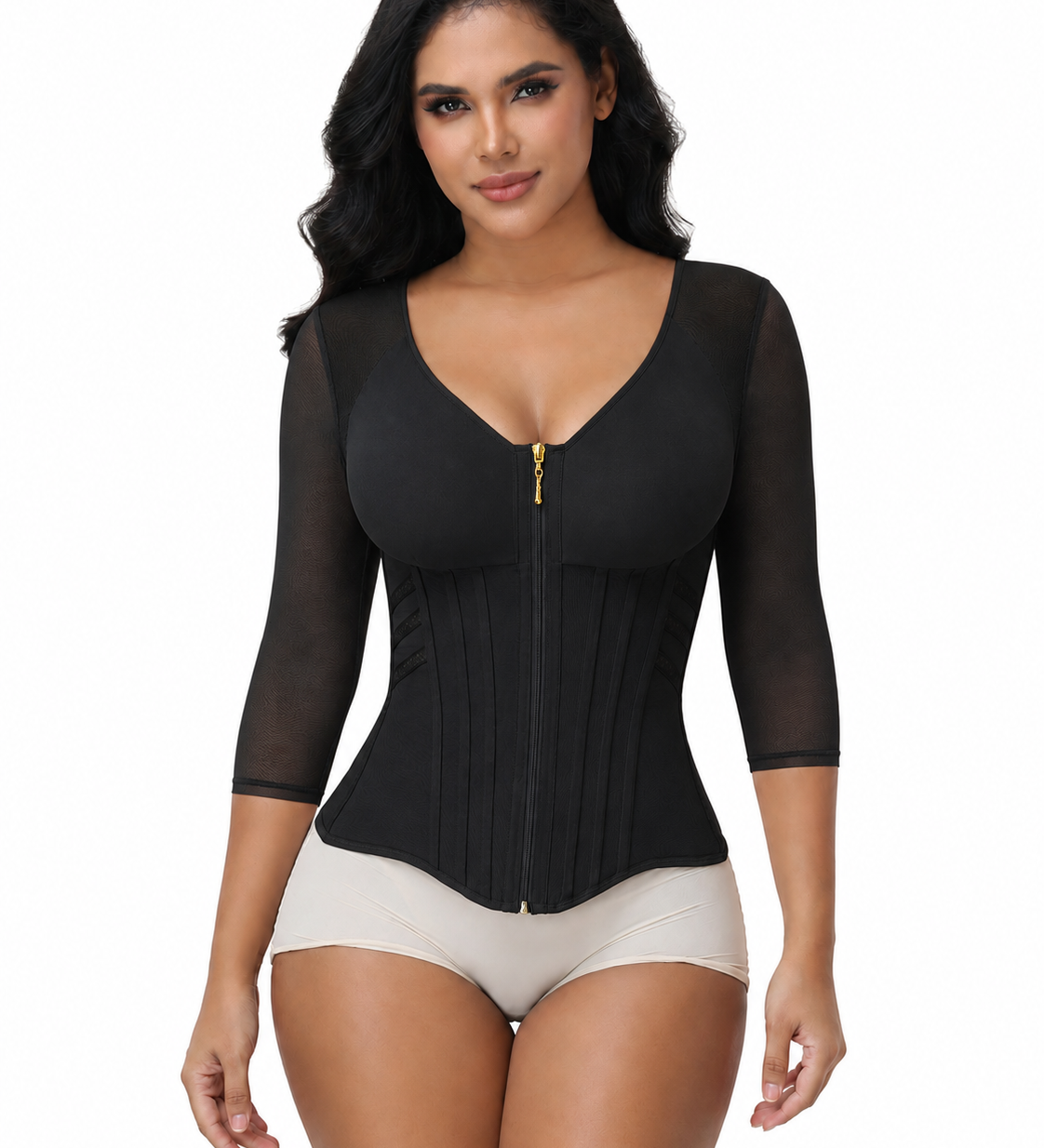 V Neck 3/4 Mesh Sleeve Zipper Waist Trainer High Compression Shaping Top