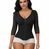 V Neck 3/4 Mesh Sleeve Zipper Waist Trainer High Compression Shaping Top