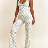 Polk Dot Halter-Neck Backless Detachable Corset Wide-leg Jumpsuit Two-Piece Set