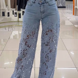 Sorelyne® Cut out Floral Denim with Lace Wide Leg Jeans for Women