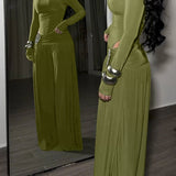 Two-Piece Set Turtleneck Side Cutout Rhinestone Wide Leg Pants