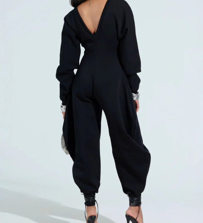 Cozy V Neck Baggy Long Sleeve Jumpsuit