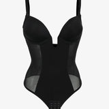 Sexy Plunge Neck Backless Mesh Panel Shapewear Thong Bodysuit