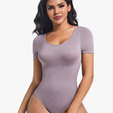 Seamless Short Sleeve Thong Bodysuit Tummy Control Round Neck Body Shaper