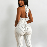 Polka Dot Halter Neck Hourglass Capri Jumpsuit with Detachable Corset Two-Piece Set