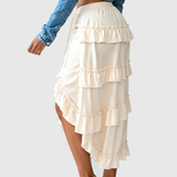 Side Drawstring Ruched Ruffle Trim Irregular High Low Midi Skirt