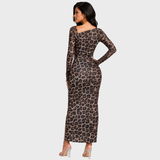 Long Sleeve Leopard Print Maxi Dress Side Ruched Slit Bodycon Dress