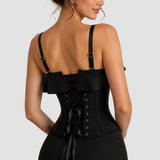 Black Shimmer Ruffle Trim Corset Top with Adjustable Straps