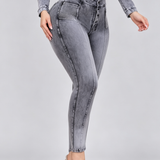 High Waist Rhinestone Pocket Butt Lifting Seam Detail Skinny Jeans