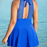 Large Size Halter Neck Mesh Panel Tummy Control Swimsuit with Side Bow