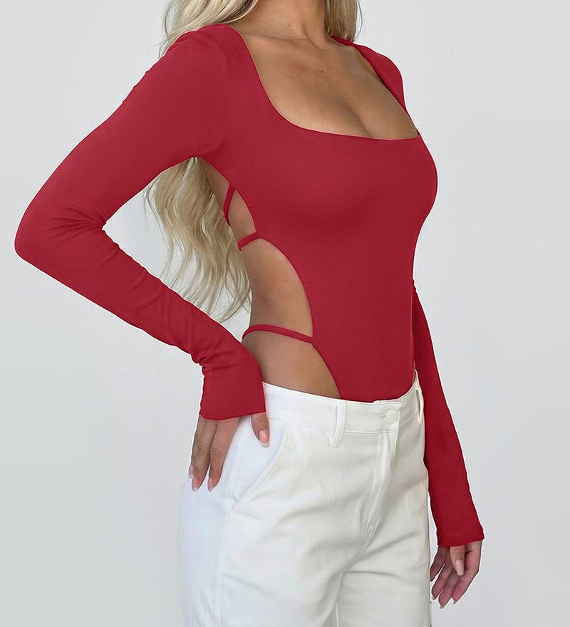 Square Neck Long Sleeve Backless Thong Slim Fit Bodysuit