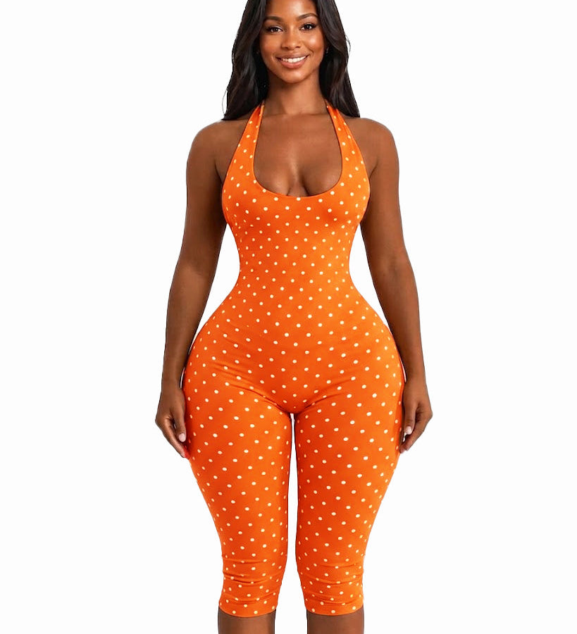 Halter Tie Open Back Polka Dot  Slim Waist Capri Jumpsuit