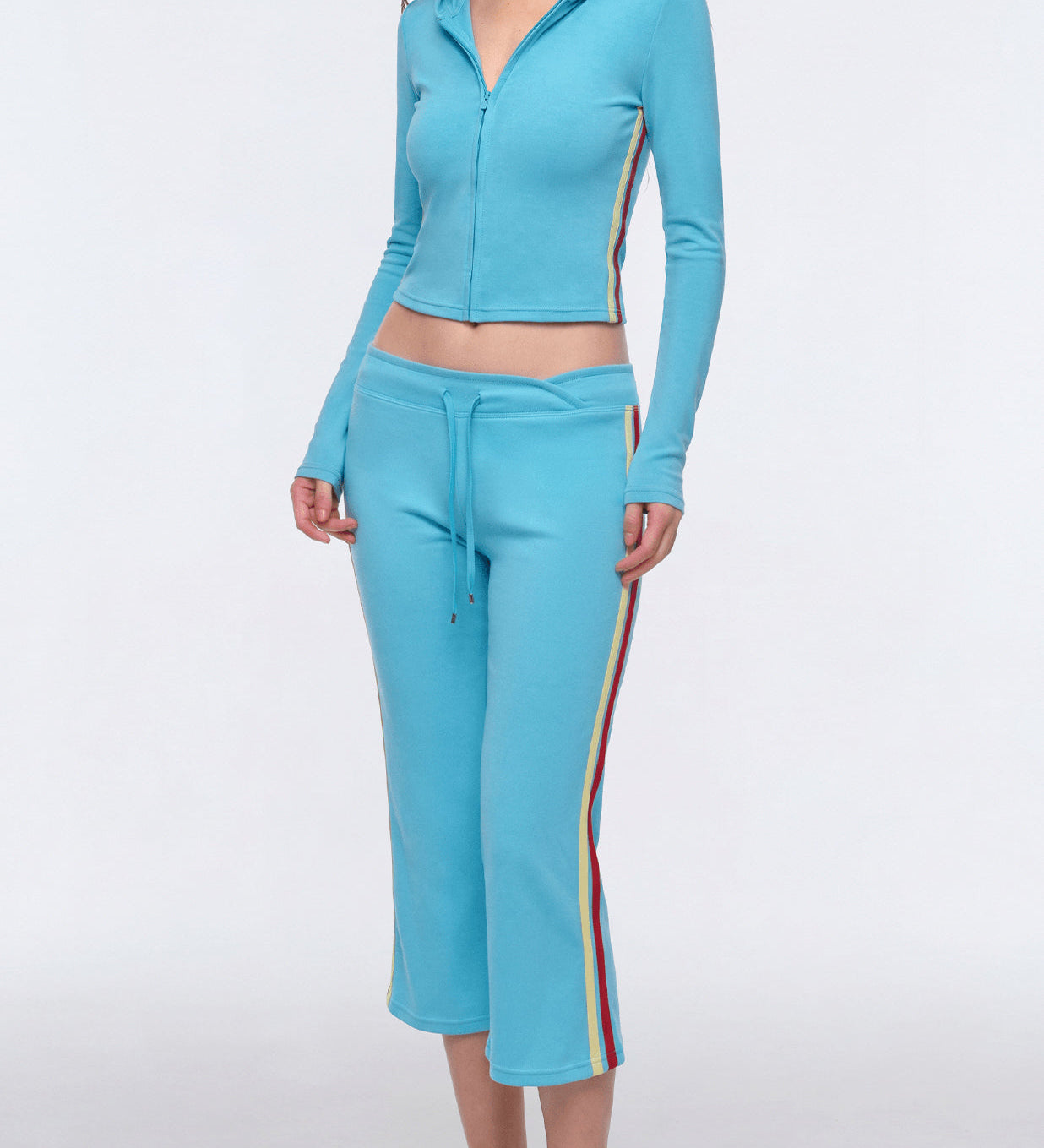 Two Piece Activewear Set Stripe Zip Up Hooded Crop Top with Capri Flare Pants