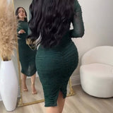 Elegant Mesh Paneled Ruched Bodycon Midi Dress with Mock Neck