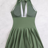 Large Size Halter Neck Mesh Panel Tummy Control Swimsuit with Side Bow