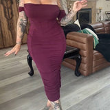 Off Shoulder Ruched Tummy Tuck Bodycon Midi Dress with Fishbone