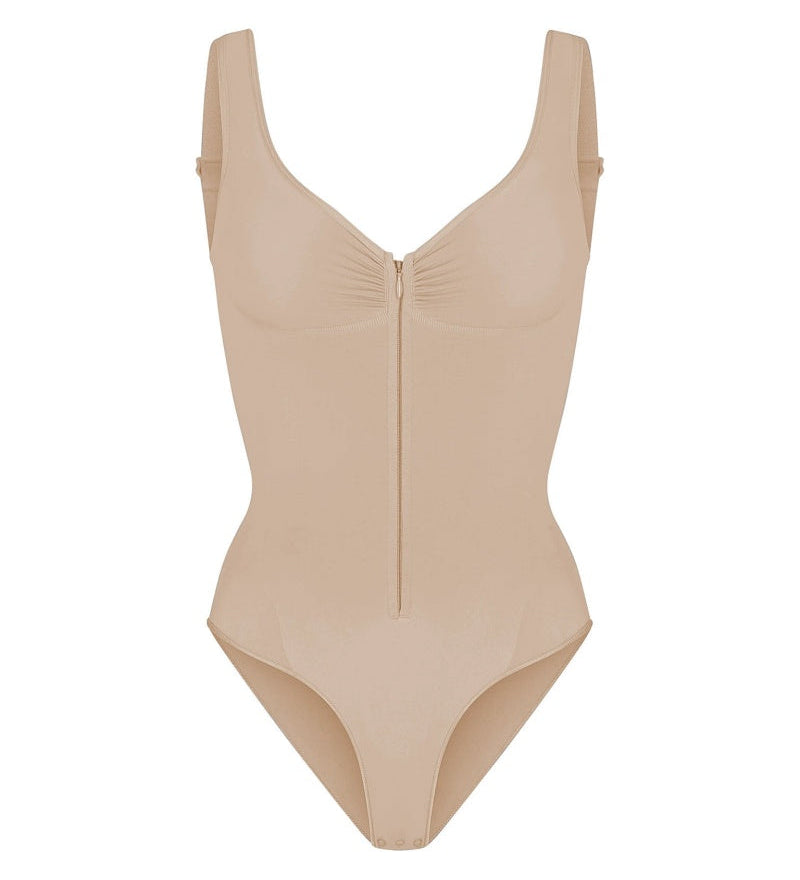 Deep V Seamless Backless Triangle Shapewear Bodysuit with Front Zipper