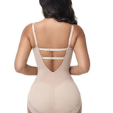 Seamless V Neck Adjustable Crisscross Back Lace Trim Hourglass Butt Lifting Bodysuit