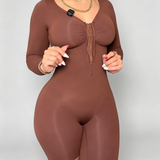 Front Zipper Long Sleeve Mid Thigh Full Body Shapewear Bodysuit