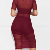 Women's Sexy Mesh See Through Short Sleeve Three Piece Suit