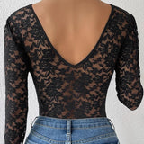 Floral Lace Sheer Long Sleeve Bodysuit V Neck Slim Fit Thong Body Shaper