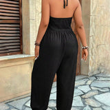 Halter Backless Ruched Pocket Jogger Jumpsuit