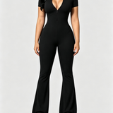 Front Zipper Short Sleeve Ribbed Slim Butt Lifting Flare Leg Jumpsuit