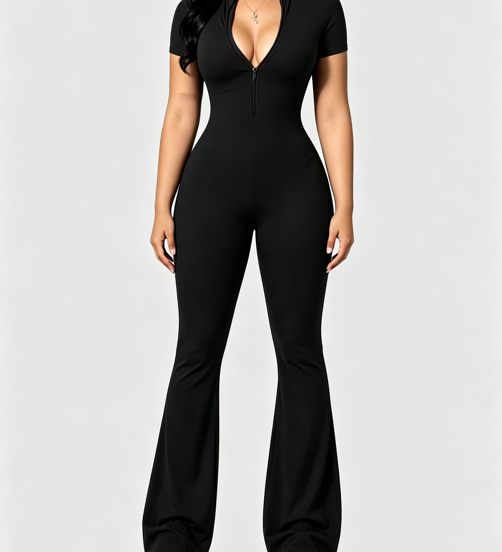 Front Zipper Short Sleeve Ribbed Slim Butt Lifting Flare Leg Jumpsuit