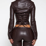 Faux Leather Zipper Corset Top Capri Pants Two Piece Outfit Set