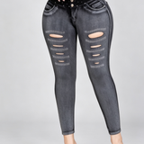High Waist Double Button Rhinestone Ripped Butt Lifting Skinny Jeans
