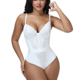 V Neck Lace Thong Bodysuit Adjustable Straps Waist Cinching Shapewear