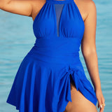 Large Size Halter Neck Mesh Panel Tummy Control Swimsuit with Side Bow