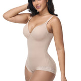 Seamless V Neck Adjustable Crisscross Back Lace Trim Hourglass Butt Lifting Bodysuit