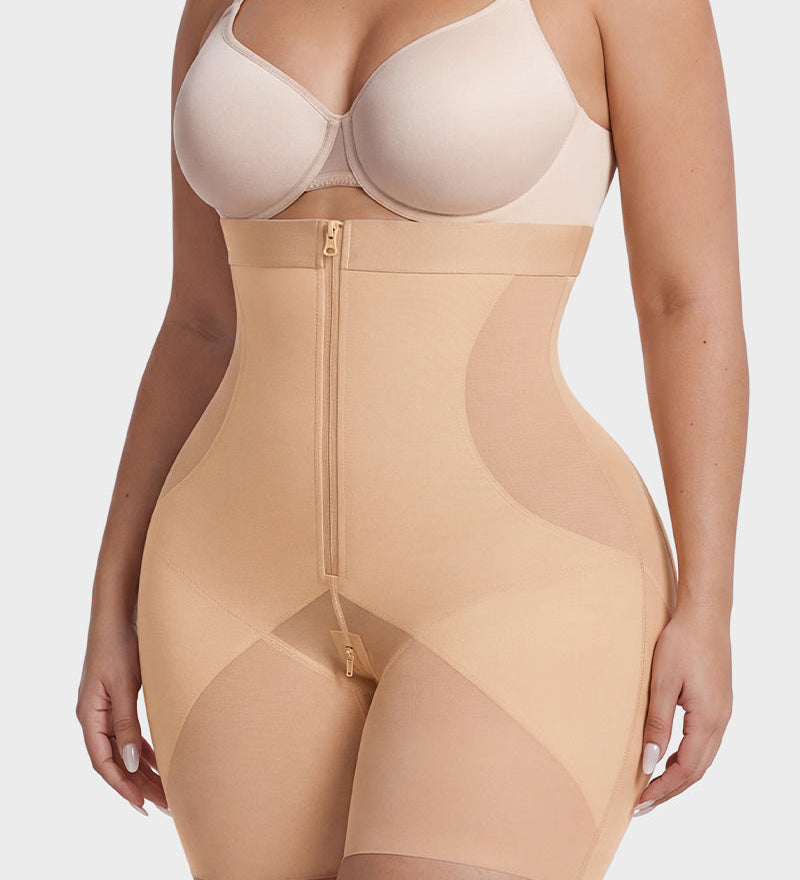 High Waist Zipper Tummy Control Butt Lifting Mid Thigh Mesh Shapewear Shorts